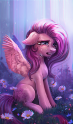 Size: 1484x2482 | Tagged: safe, artist:bananitryi, imported from derpibooru, fluttershy, pegasus, pony, crying, daisy (flower), eyelashes, feathered wings, female, floppy ears, flower, forest, furrowed brow, grass, long mane, mare, nostrils, open mouth, pegasus wings, rain, sitting, snout, solo, spread wings, wings