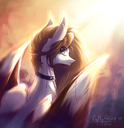 Size: 2408x2490 | Tagged: safe, artist:prettyshinegp, imported from derpibooru, oc, oc only, pegasus, pony, bust, choker, collar, female, large wings, looking back, mare, pegasus oc, requested art, signature, solo, sunlight, wings
