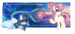 Size: 5800x2629 | Tagged: safe, artist:harmonyvitality-yt, imported from derpibooru, oc, oc only, pegasus, pony, unicorn, base used, duo, horn, magical lesbian spawn, offspring, parent:inky rose, parent:sonata dusk, pegasus oc, simple background, transparent background, unicorn oc