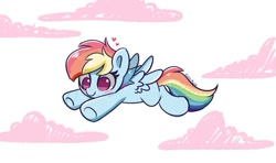 Size: 1011x599 | Tagged: safe, artist:kittyrosie, imported from derpibooru, rainbow dash, pegasus, pony, blushing, cloud, cute, female, floating heart, flying, heart, mare, simple background, solo, white background