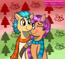 Size: 935x855 | Tagged: safe, artist:dulcechica19, imported from derpibooru, hitch trailblazer, sunny starscout, earth pony, pony, blushing, braid, christmas, christmas tree, clothes, duo, duo male and female, female, g5, holiday, male, mare, my little pony: a new generation, one eye closed, scarf, snuggling, stallion, tree