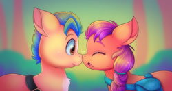 Size: 640x340 | Tagged: safe, artist:malarkey, imported from derpibooru, hitch trailblazer, sunny starscout, earth pony, pony, boop, braid, duo, duo male and female, female, forest, g5, male, mare, noseboop, shipping, smiling, stallion, straight, sunnyhitch