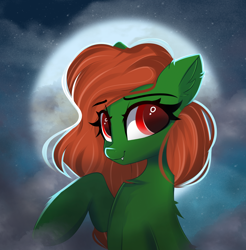 Size: 2480x2516 | Tagged: safe, artist:janelearts, imported from derpibooru, oc, oc:muse, earth pony, pony, undead, vampire, cloud, moon, night, orange mane, red eyes, solo