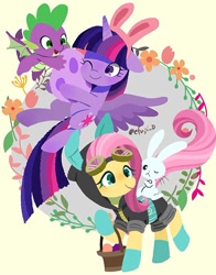 Size: 768x979 | Tagged: safe, artist:efuji_d, imported from derpibooru, angel bunny, fluttershy, spike, twilight sparkle, alicorn, dragon, pegasus, pony, rabbit, angel riding fluttershy, animal, basket, bunny ears, clothes, costume, dangerous mission outfit, easter, easter basket, easter egg, female, flying, goggles, holiday, hoodie, horn, male, mare, one eye closed, signature, smiling, spread wings, twilight sparkle (alicorn), winged spike, wings