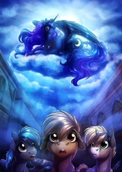 Size: 2896x4096 | Tagged: safe, artist:lupiarts, imported from ponybooru, princess luna, alicorn, pony, children of the night, absurd resolution, canterlot, cloud, female, high res, male, outdoors, town