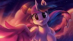 Size: 4444x2500 | Tagged: safe, artist:light262, edit, editor:pk perfect, twilight sparkle, alicorn, pony, cloud, cute, female, fixed, looking at you, mare, muzzle, reaching, reaching out, sky, smiling, solo, spread wings, stars, twiabetes, twilight (astronomy), twilight at twilight, twilight sparkle (alicorn), wing hands, wings