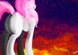 Size: 2100x1495 | Tagged: safe, artist:minckies, imported from derpibooru, princess celestia, pony, butt, night, outdoors, pink-mane celestia, plot, signature, solo, stars, young celestia