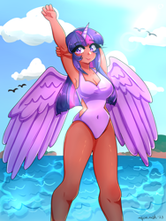 Size: 3024x4032 | Tagged: safe, artist:mylittleyuri, imported from derpibooru, twilight sparkle, alicorn, bird, human, alicorn humanization, armpits, blushing, breasts, busty twilight sparkle, clothes, cloud, dark skin, elf ears, female, horned humanization, humanized, purple swimsuit, sky, solo, swimsuit, twilight sparkle (alicorn), water, wet, winged humanization, wings