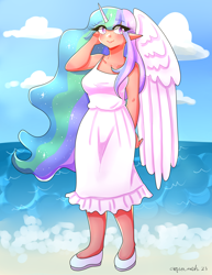 Size: 2975x3850 | Tagged: safe, artist:mylittleyuri, imported from derpibooru, princess celestia, human, alicorn humanization, beach, blushing, clothes, cloud, cute, cutelestia, dress, elf ears, female, flats, horned humanization, humanized, shoes, sky, solo, tan skin, water, winged humanization, wings