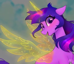 Size: 1511x1316 | Tagged: safe, artist:petaltwinkle, imported from derpibooru, twilight sparkle, alicorn, earth pony, pony, artificial horn, artificial wings, augmented, earth pony twilight, female, g5, g5 concept leaks, horn, looking at you, magic, magic horn, magic wings, mare, open mouth, open smile, race swap, smiling, smiling at you, solo, spread wings, twilight sparkle (alicorn), twilight sparkle (g5 concept leak), wings