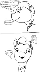 Size: 640x1136 | Tagged: safe, artist:php149, imported from derpibooru, hitch trailblazer, earth pony, pony, comic:the costume of pipp petals, dialogue, g5, monochrome