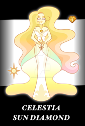 Size: 1280x1899 | Tagged: safe, artist:fourteennails, imported from derpibooru, princess celestia, crossover, deviantart watermark, female, gem, gem (race), gemsona, looking at you, name, obtrusive watermark, smiling, smiling at you, solo, species swap, steven universe, text, watermark