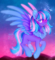 Size: 2250x2450 | Tagged: safe, artist:fluffywhirlpool, imported from derpibooru, oc, oc only, oc:liana, pegasus, pony, chest fluff, colored wings, cute, ear fluff, female, flying, full body, heterochromia, looking at you, mare, mountain, mountain range, multicolored mane, multicolored tail, multicolored wings, pegasus oc, shooting star, sky background, smiling, smiling at you, solo, stars, tail, trade, wings