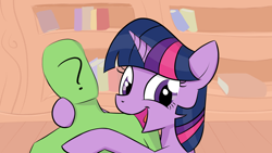 Size: 1920x1080 | Tagged: safe, artist:purblehoers, imported from derpibooru, twilight sparkle, oc, oc:anon, pony, unicorn, book, bookshelf, female, golden oaks library, hug, interior, life size, looking at you, mare, plushie, smiling, smiling at you, unicorn twilight