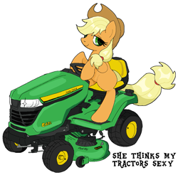 Size: 1015x1000 | Tagged: safe, artist:muffinz, imported from derpibooru, applejack, earth pony, pony, john deere, kenny chesney, lyrics, meme, riding, she thinks my tractor's sexy, simple background, solo, song reference, text, tractor, white background