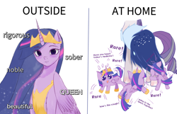 Size: 2580x1658 | Tagged: safe, artist:ecor土土, imported from derpibooru, rarity, twilight sparkle, alicorn, pony, unicorn, the last problem, chest fluff, clothes, crown, duality, duo, duo female, ear fluff, eye clipping through hair, eyebrows, eyebrows visible through hair, female, folded wings, frown, high res, jewelry, lesbian, looking at you, older, older rarity, older twilight, open mouth, open smile, peytral, princess twilight 2.0, rarilight, regalia, shipping, simple background, smiling, tiny, tiny ponies, twilight sparkle (alicorn), white background, wings