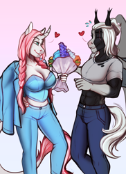 Size: 2430x3330 | Tagged: safe, artist:blackblood-queen, imported from derpibooru, oc, oc only, oc:rosie quartz, oc:victor bates, anthro, bat pony, unguligrade anthro, unicorn, abs, anthro oc, bat pony oc, big breasts, bouquet of flowers, breasts, busty oc, clothes, couple, curved horn, eye scar, eyes closed, facial scar, fangs, female, flower, gradient background, heart, horn, male, mare, oc x oc, pants, scar, shipping, stallion, straight, unicorn oc