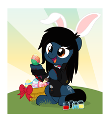 Size: 4477x5000 | Tagged: safe, artist:jhayarr23, imported from derpibooru, earth pony, pony, bring me the horizon, bunny ears, clothes, commission, easter, easter egg, egg, equestria girls ponified, happy, holiday, hoodie, hoof hold, lip piercing, long sleeves, male, oliver sykes, outdoors, paintbrush, piercing, ponified, sitting, solo, stallion, tattoo, underhoof, ych result