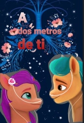 Size: 720x1048 | Tagged: safe, artist:karina11494591, imported from derpibooru, hitch trailblazer, sunny starscout, earth pony, pony, book cover, cover, duo, female, flower, flower in hair, g5, looking at each other, looking at someone, male, mare, oxygen tubes, spanish, stallion, two meters from you