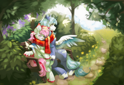 Size: 3392x2316 | Tagged: safe, artist:pledus, imported from derpibooru, oc, oc only, alicorn, butterfly, pegasus, pony, bench, bush, clothes, commission, cute, duo, eyes closed, female, flower, forest, grass, high res, hug, male, mare, ocbetes, open mouth, scarf, shared clothing, shared scarf, sitting, spread wings, spring, stallion, striped scarf, tree, winghug, wings