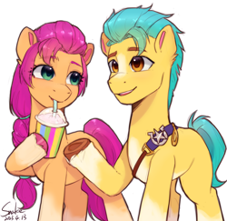 Size: 2000x1940 | Tagged: safe, artist:xiaowu07, imported from derpibooru, hitch trailblazer, sunny starscout, earth pony, pony, braid, duo, duo male and female, female, g5, male, mare, ponytail, sheriff's badge, signature, simple background, smoothie, stallion, white background