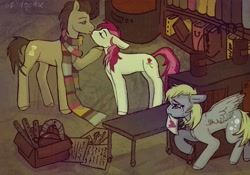 Size: 2388x1668 | Tagged: safe, artist:soudooku, imported from derpibooru, derpy hooves, doctor whooves, roseluck, time turner, earth pony, pegasus, abuse, book, bookshelf, clothes, crying, derpybuse, doctorrose, female, fourth doctor's scarf, heartbreak, kissing, laboratory, letter, love letter, love triangle, male, sad, scarf, shipping, spread wings, straight, striped scarf, wings