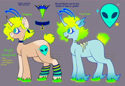 Size: 5128x3545 | Tagged: safe, artist:angie imagines, imported from derpibooru, oc, oc only, oc:angie imagines, alien, alien pony, pony, unicorn, antennae, choker, clothes, curved horn, ear piercing, earring, glowing mane, gray background, green tongue, heart, heart eyes, horn, jewelry, mane of fire, markings, maw, nonbinary, piercing, sharp teeth, simple background, socks, solo, stars, teal eyes, teeth, unshorn fetlocks, wingding eyes