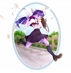 Size: 3436x3570 | Tagged: safe, artist:schizophrenicfox, imported from derpibooru, twilight sparkle, anthro, plantigrade anthro, bag, bread, button-up shirt, clothes, dress shirt, female, food, messenger bag, necktie, running, school uniform, schoolgirl toast, shirt, shoes, simple background, skirt, white background