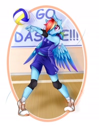 Size: 2014x2550 | Tagged: safe, artist:schizophrenicfox, imported from derpibooru, rainbow dash, anthro, clothes, female, gymnasium, jersey, knee pads, shoes, sports, sports outfit, volleyball