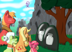 Size: 1250x900 | Tagged: safe, artist:lukasz, imported from derpibooru, apple bloom, applejack, big macintosh, earth pony, pony, brother and sister, cowboy hat, crying, female, filly, foal, grandchild, granddaughter, grandmother, grandmother and grandchild, grandmother and granddaughter, grandmother and grandson, grandson, grave, gravestone, grayscale, hat, male, mare, monochrome, rest in peace, ribbon, siblings, sisters, stallion, tears of pain, teary eyes, tree