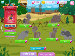 Size: 2048x1536 | Tagged: safe, idw, imported from derpibooru, angus mcsteer, blazing saddle, buffalo bull, sheriff tumbleweed, bull, earth pony, pegasus, pony, bandana, clothes, coin, collection, costs real money, cowboy hat, english, female, folded wings, gameloft, gem, group, hat, horns, idw showified, jersey shore, male, mare, mobile game, my little pony: magic princess, numbers, official, stallion, swift reply, text, timer, vest, wings