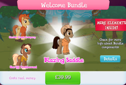 Size: 1268x858 | Tagged: safe, idw, imported from derpibooru, blazing saddle, sheriff tumbleweed, earth pony, pony, bundle, clothes, collection, costs real money, cowboy hat, english, gameloft, group, hat, idw showified, male, mobile game, my little pony: magic princess, numbers, official, stallion, text, unnamed character, unnamed pony, vest