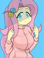 Size: 1668x2224 | Tagged: safe, alternate version, artist:batipin, imported from derpibooru, fluttershy, human, equestria girls, blue background, bocchi the rock!, breasts, busty fluttershy, clothes, cosplay, costume, female, hitori gotoh, no pupils, simple background, solo, tracksuit