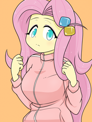 Size: 1668x2224 | Tagged: safe, alternate version, artist:batipin, imported from derpibooru, fluttershy, human, equestria girls, bocchi the rock!, breasts, busty fluttershy, clothes, cosplay, costume, female, hitori gotoh, orange background, simple background, solo, tracksuit