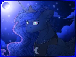 Size: 1280x960 | Tagged: safe, artist:binibean, imported from derpibooru, princess luna, alicorn, pony, eye reflection, female, full moon, looking at you, mare, moon, multicolored eyes, night, reflection, smiling, smiling at you, solo