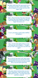 Size: 2048x4140 | Tagged: safe, idw, imported from derpibooru, applejack, king longhorn, rarity, sheriff tumbleweed, bull, earth pony, pony, unicorn, clothes, cloven hooves, cowboy hat, dialogue, dialogue box, dress, english, event, feather, female, gameloft, hairband, hat, horn, horns, idw showified, male, mare, mobile game, my little pony: magic princess, official, speech bubble, stallion, text, unshorn fetlocks, vest