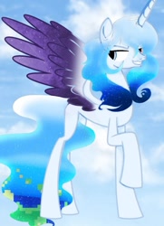 Size: 956x1320 | Tagged: artist needed, safe, imported from derpibooru, oc, oc only, oc:altersmay earth, alicorn, pony, alicornified, cloud, colored wings, commission, evil grin, grin, looking back, older altersmay earth, planet ponies, ponified, race swap, raised hoof, sky, smiling, solo, wings, ych result