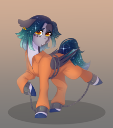 Size: 5311x6000 | Tagged: safe, artist:yutailaarts, imported from derpibooru, oc, oc:nova borealis, bat pony, bat pony oc, bound wings, chained, chains, clothes, commissioner:rainbowdash69, cuffed, jumpsuit, never doubt rainbowdash69's involvement, pouting, prison outfit, prisoner, shackles, solo, wings