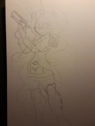 Size: 2448x3264 | Tagged: safe, artist:fuuby, imported from derpibooru, princess luna, anthro, plantigrade anthro, boots, clothes, epaulettes, female, gun, handgun, military uniform, shoes, sketch, solo, traditional art, uniform, weapon