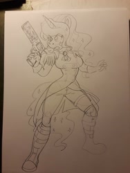 Size: 2448x3264 | Tagged: safe, artist:fuuby, imported from derpibooru, princess luna, anthro, plantigrade anthro, boots, clothes, coat, epaulettes, gloves, gun, handgun, military uniform, no trigger discipline, revolver, shoes, sketch, solo, traditional art, uniform