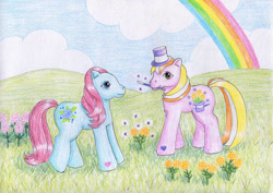 Size: 1062x752 | Tagged: safe, artist:normaleeinsane, imported from derpibooru, gardenia glow (g3), pony, duo, flower, g3, hat, magic marigold, magic wand, marigold, rainbow, top hat, traditional art