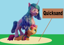 Size: 661x471 | Tagged: safe, artist:arvin-cuteanimalfan, edit, edited screencap, editor:arvin-cuteanimalfan, imported from derpibooru, screencap, izzy moonbow, sunny starscout, earth pony, pony, unicorn, 1000 years in photoshop, bad edit, g5, label, low res image, lowres, my little pony: a new generation, quicksand, simple background, wat