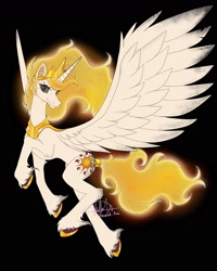 Size: 1440x1800 | Tagged: safe, artist:shackle_moon, imported from derpibooru, princess celestia, alicorn, pony, black background, concave belly, large wings, mane of fire, redesign, simple background, slim, solo, tall, thin, unshorn fetlocks, wings