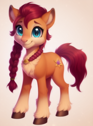 Size: 512x696 | Tagged: safe, imported from derpibooru, sunny starscout, earth pony, pony, ai assisted, ai content, ai generated, blue eyes, braid, coat markings, colored ear fluff, colored eyebrows, colored hooves, cute, deer nose, ear fluff, female, g5, looking at you, mare, my little pony: a new generation, pale belly, simple background, smiling, smiling at you, socks (coat markings), solo, standing, unshorn fetlocks