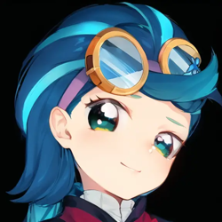 Size: 576x576 | Tagged: safe, editor:luckreza8, imported from derpibooru, indigo zap, human, equestria girls, ai content, ai generated, anime, black background, female, generator:pinegraph, happy, simple background, solo