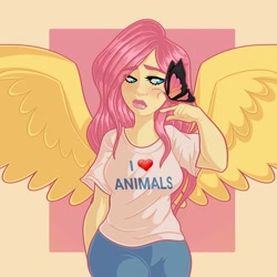 Size: 2000x2000 | Tagged: safe, artist:starsbursts, imported from derpibooru, fluttershy, butterfly, human, blushing, clothes, cute, denim, female, humanized, jeans, lipstick, makeup, pants, shirt, shyabetes, solo, t-shirt, winged humanization, wings