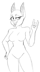 Size: 1116x1992 | Tagged: safe, artist:melodytheartpony, imported from derpibooru, oc, anthro, anthro oc, any species, closed hand, commission, hand on hip, looking at you, mischievous, pose, posing for photo, rock on, simple background, sketch, smiling, solo, tongue out, white background, ych sketch, your character here