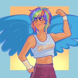 Size: 2000x2000 | Tagged: safe, artist:starsbursts, imported from derpibooru, rainbow dash, human, abs, alternate hairstyle, bandage, clothes, cute, dashabetes, female, flexing, humanized, midriff, muscles, pants, solo, sweatpants, tanktop, tape, winged humanization, wings, wrist wraps