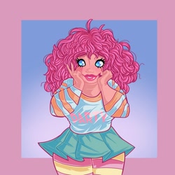 Size: 2000x2000 | Tagged: safe, artist:starsbursts, imported from derpibooru, pinkie pie, human, alternate hairstyle, clothes, cute, diapinkes, female, grin, humanized, lipstick, makeup, shirt, skirt, smiling, socks, solo, stockings, striped socks, thigh highs