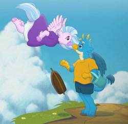 Size: 908x880 | Tagged: safe, artist:faitheverlasting, imported from derpibooru, gallus, silverstream, classical hippogriff, griffon, hippogriff, boat, bucket, clothes, dress, female, flying, gallstream, looking at each other, looking at someone, male, parody, ponyo, shipping, shirt, shorts, straight, studio ghibli